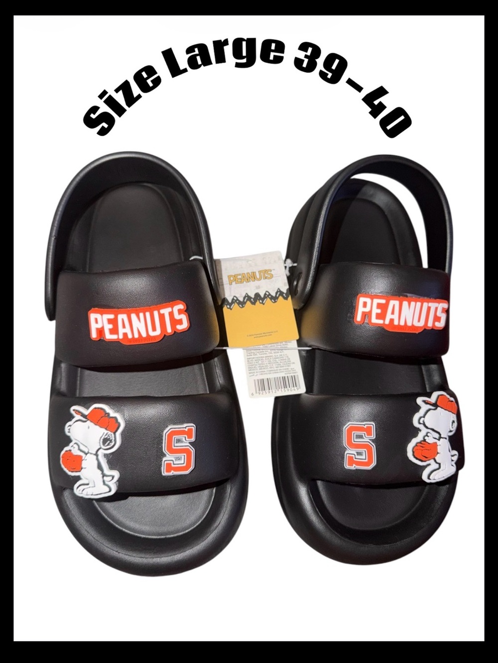 *new* Peanuts Black Sandals with Orange Snoopy & 'S' Accent